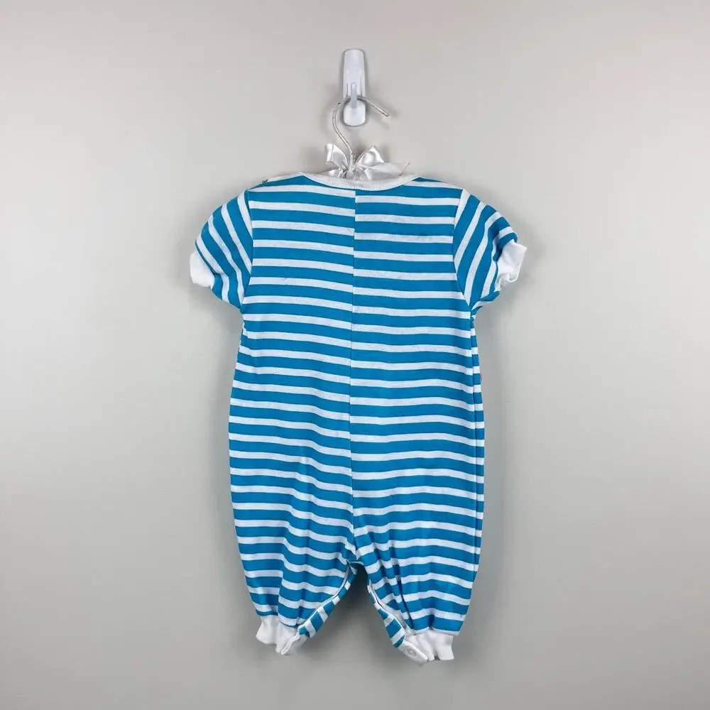 Vintage Hopscotch Blue Striped Teddy Bear Bow Romper 0-6 Months
